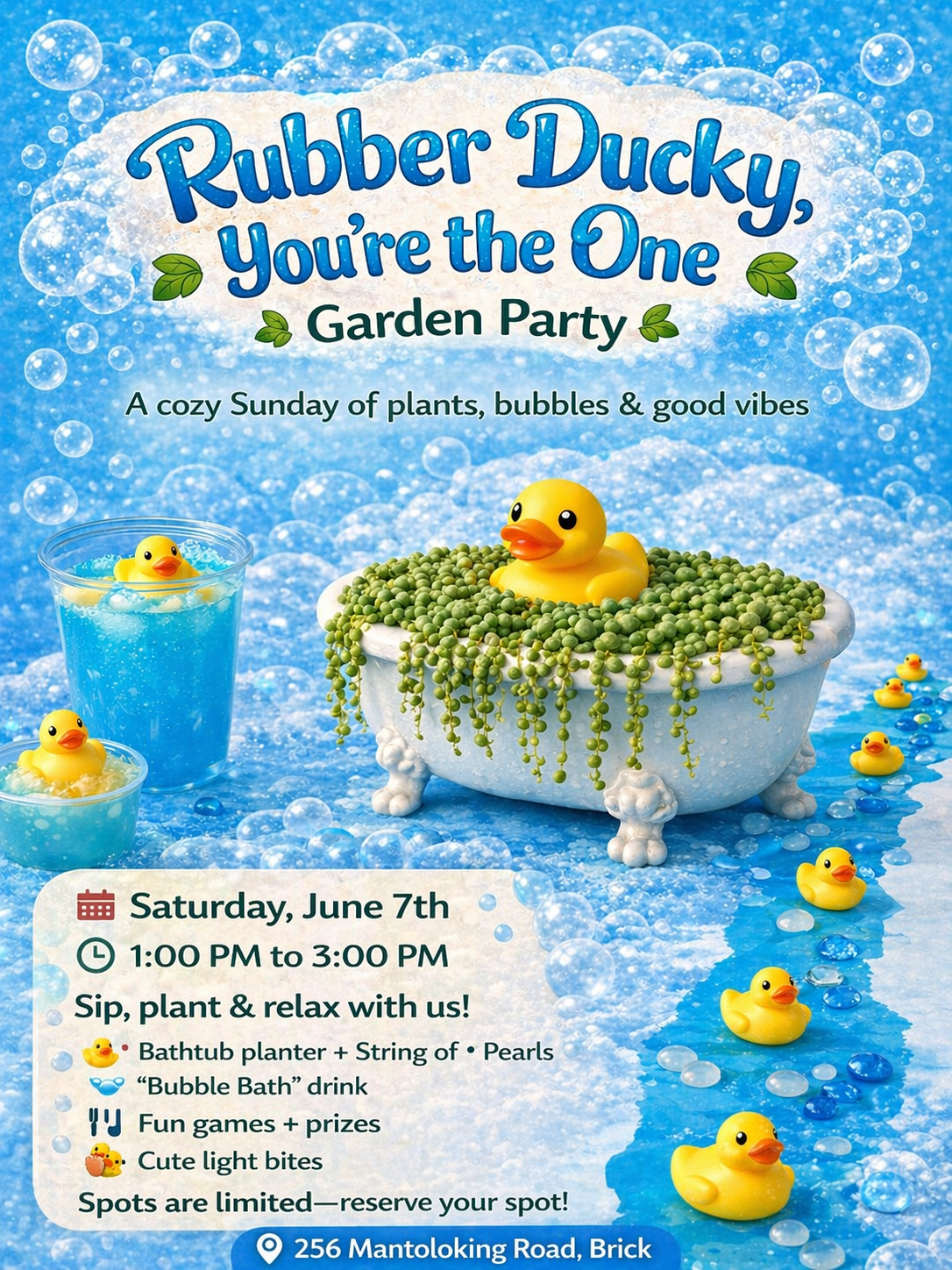Rubber Ducky You’re the One,    Garden Party 🪴 🛁                                 Sunday June 7th @1pm.
