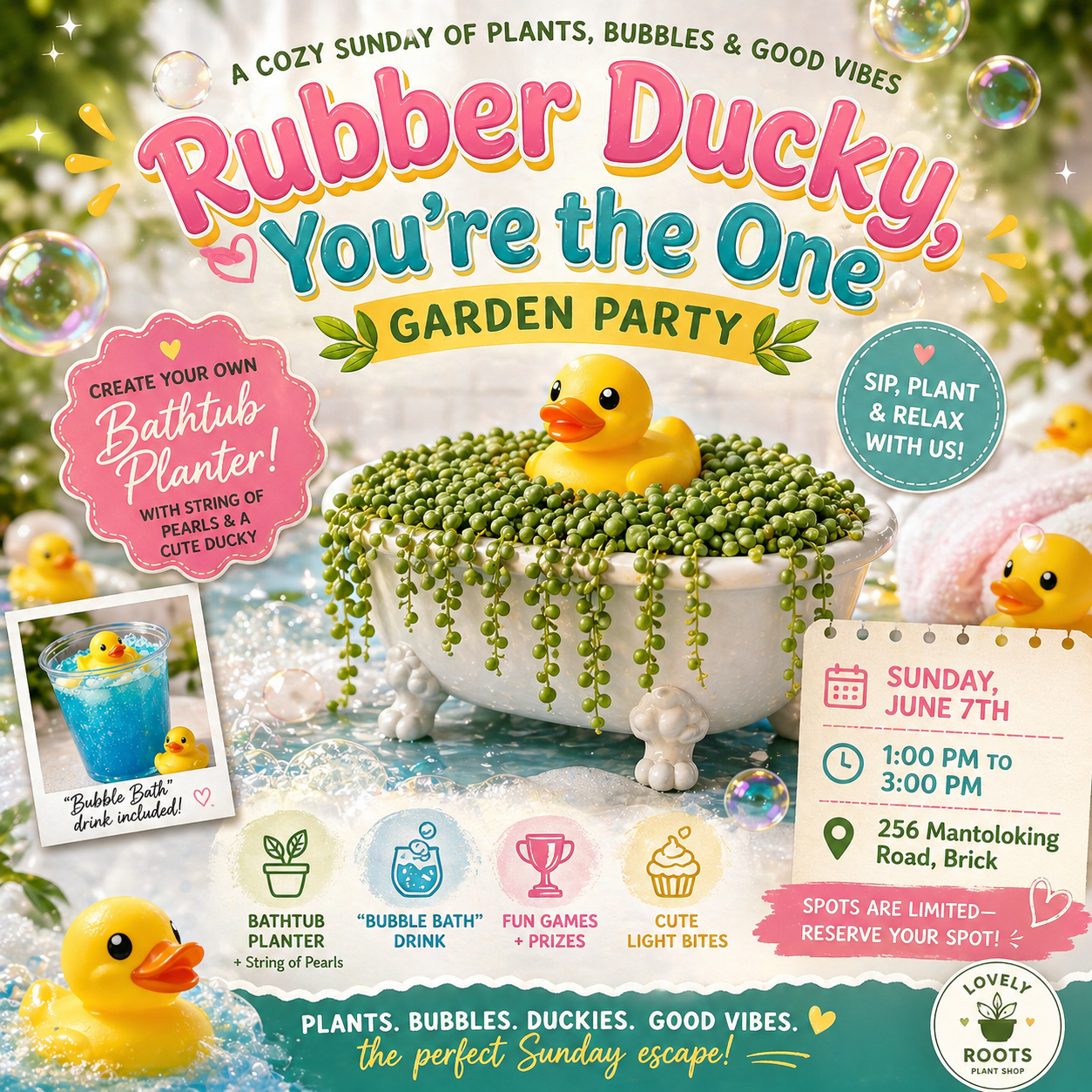 Rubber Ducky You’re the One,    Garden Party 🪴 🛁                                 Sunday June 7th @1pm.