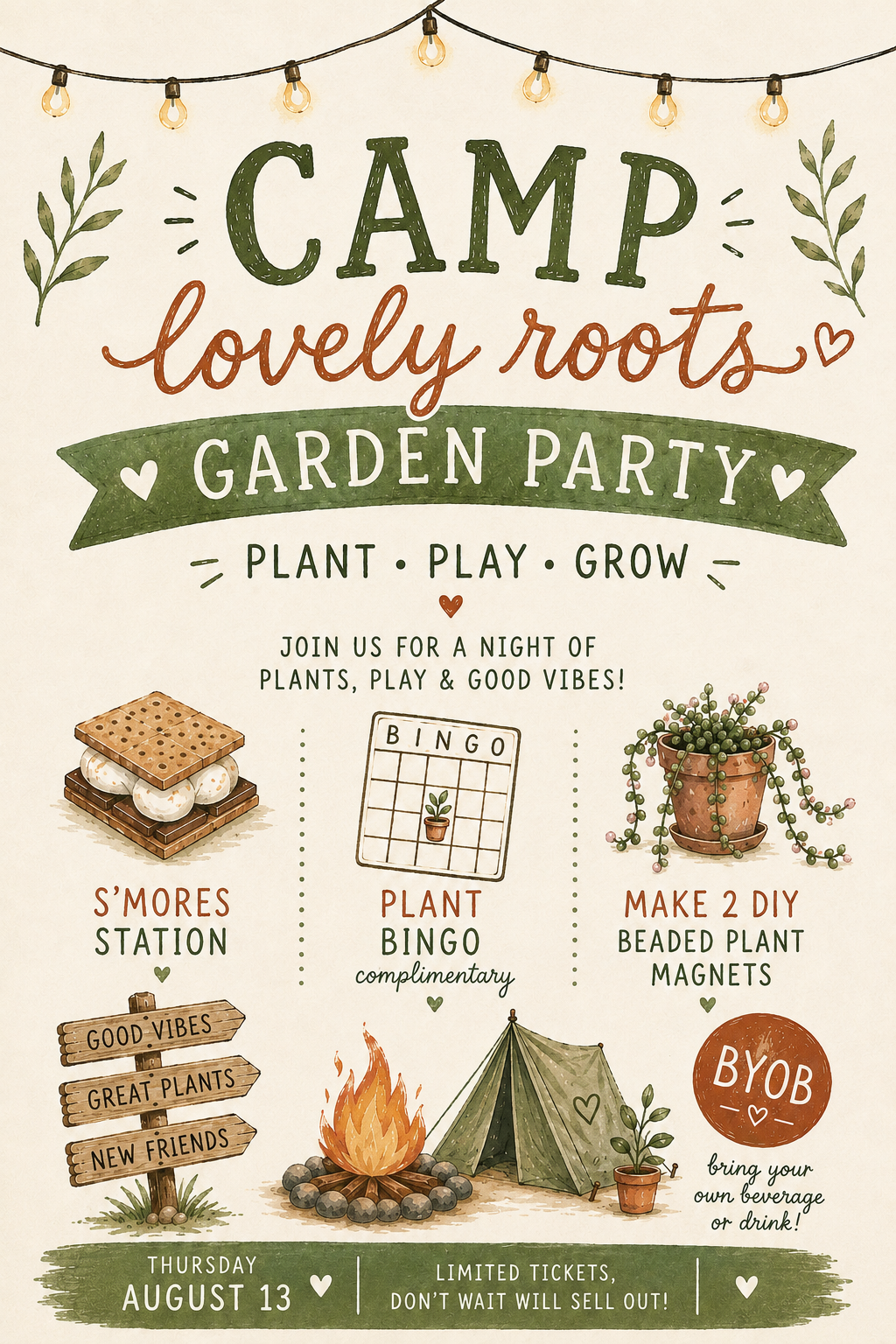 Camp Lovely Roots, Garden party!      Thursday 8/13 @6:30pm.